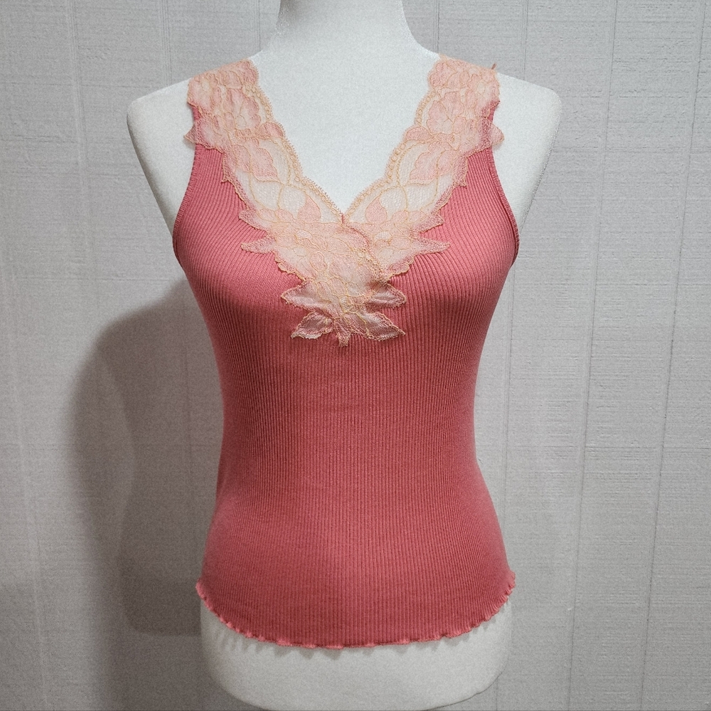 Banana Republic Ribbed Tank Top Size Medium Lace Trim Cotton Pink Stretch